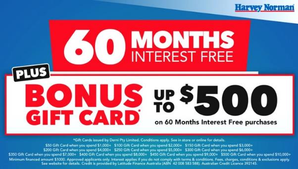 Harvey Norman "60 Months Interest Free" ad with detailed gift card fine print