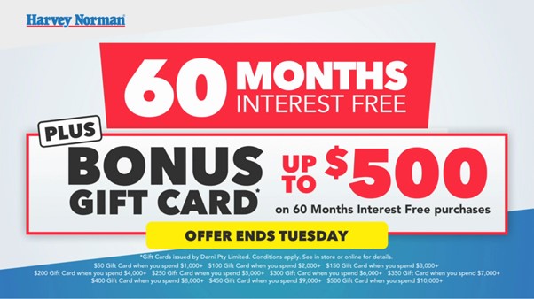 Harvey Norman "60 Months Interest Free" ad — Offer Ends Tuesday
