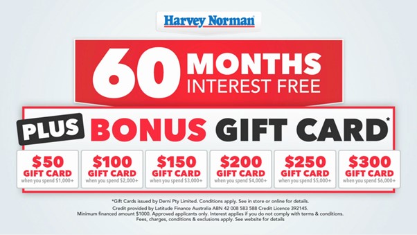 Harvey Norman "60 Months Interest Free" ad showing gift card tiers from $50 to $300