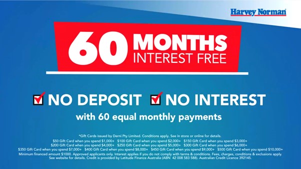 Harvey Norman "60 Months Interest Free" advertisement — No Deposit, No Interest with 60 equal monthly payments