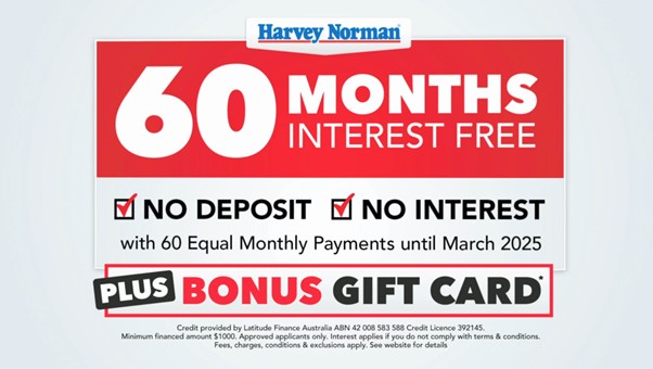 Harvey Norman "60 Months Interest Free" ad — payments until March 2025