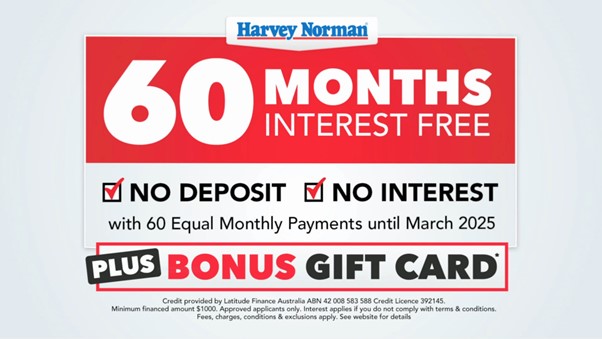 Harvey Norman "60 Months Interest Free" ad — No Deposit, No Interest (white background)