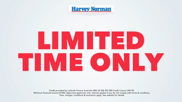Harvey Norman "Limited Time Only" advertisement with Latitude Finance fine print